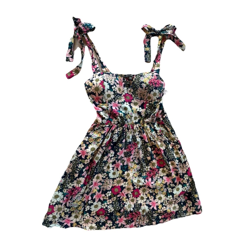 As U Wish Women's Sleeveless Tie On Shoulder Short Mini Dress Summer Floral Sz M